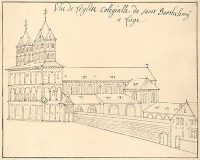 Remacle Leloup Vue de l'Eglise Collégialle de Saint Barthelemij à Liège 1738 Fonds patrimoniaux, bibliothèque Ulysse Capitaine
