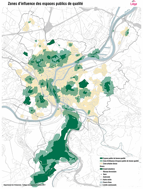 Zones d'influence des espaces publics de qualité © Ville de Liège - Urbanisme - Service Cartographie