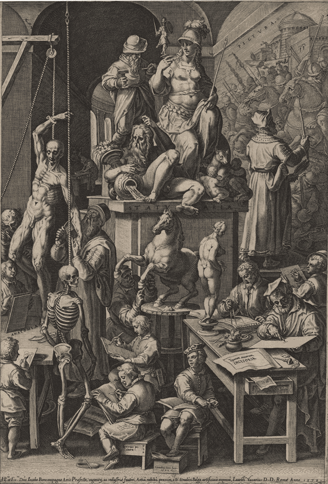 Cornelis Cort, d’après Jan van der Straet,  L’Académie des Beaux-Arts.  Gravure au burin, 290 x 431 mm, 1578.  Liège, Musée Wittert, inv. 1681.  © Musée Wittert ULiège