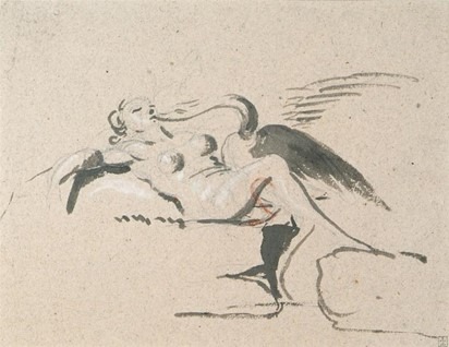 J. Dreppe, Léda et le cygne, papier, encre, lavis, sanguine,18e,  Collection Cabinet des Estampes et Dessins. © Ville de Liège