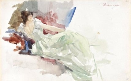Berchmans E, Jeune femme en robe du soir, aquarelle sur papier, 1867.