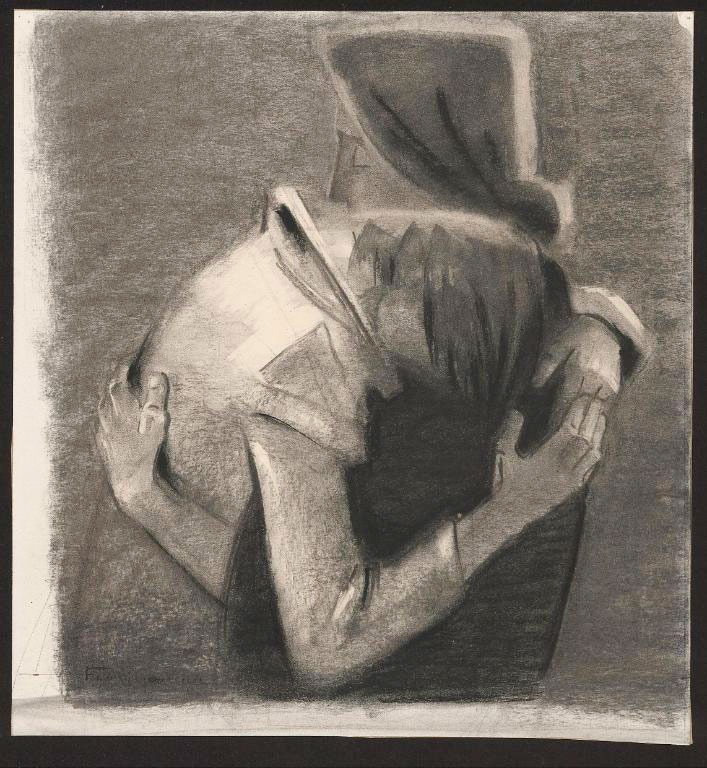 LégendeF. Germeau, Retrouvailles, 1980-90, fusain, don de l'artiste en 1988.  © Musée des Beaux-Arts/La Boverie, Ville de Liège.