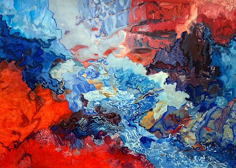 Maud LE BEL, Coule une rivière, bleue, huile et acrylique sur toile de lin, 100 x 150 cm, 2024 © Maud Le Bel.
