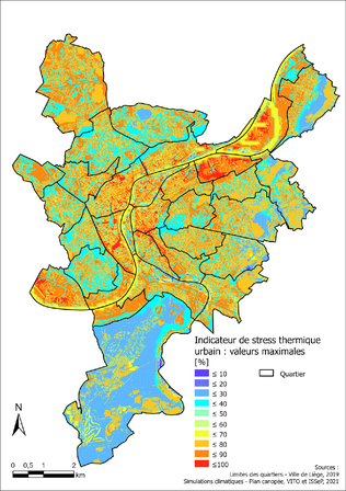 Stress Thermique Urbain = (WBGTzone / WBGTmax) x 100
Source: ISSeP - UcLouvain, 2022