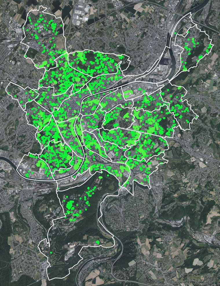 Répartition spatiale des arbres plantés à l’échelle du territoire communal de Liège